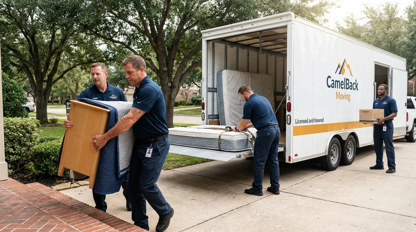 Crew loading residential truck for cross-state move from Marion, AR
