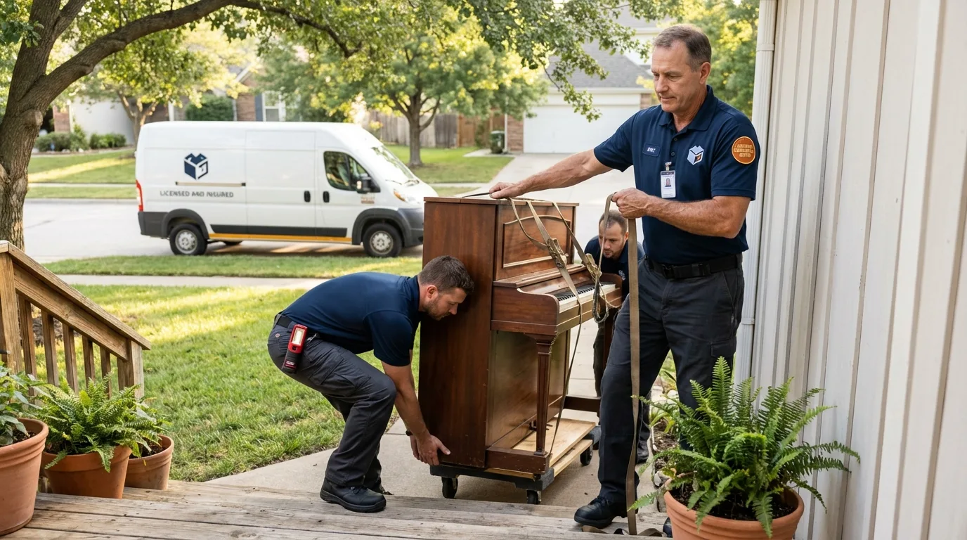 Licensed piano movers securing grand piano in Marion, AR