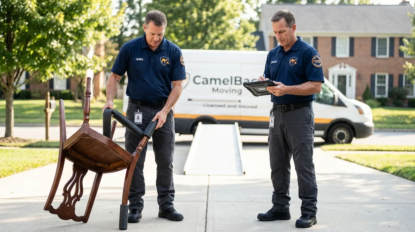 Movers inspecting furniture for damage prevention before loading in Marion, AR