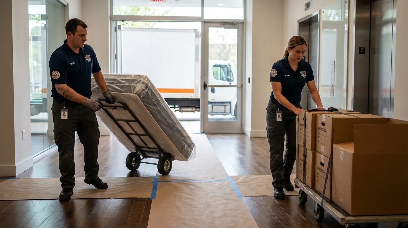 Professional apartment movers loading elevator in Marion, AR