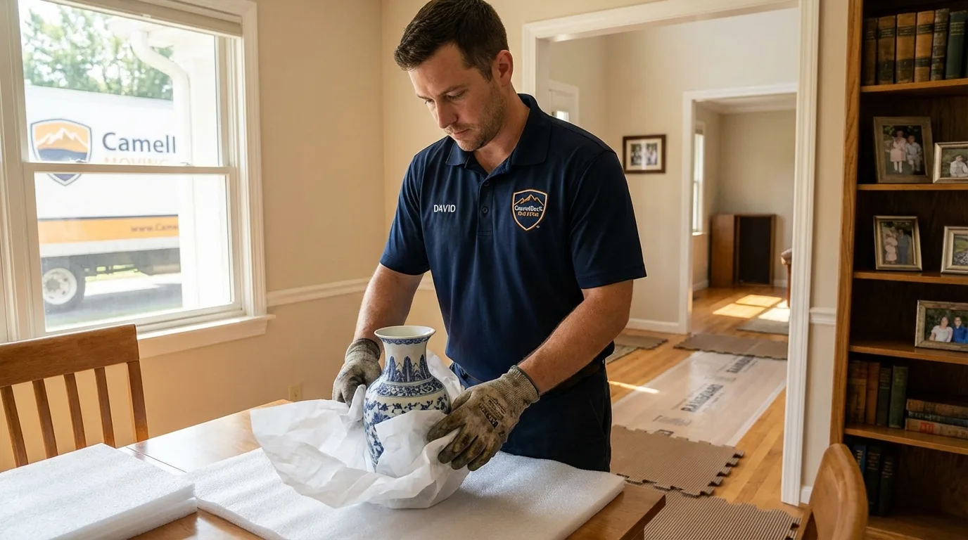 Professional crew carefully wrapping antique vase for senior downsizing move in Marion, AR